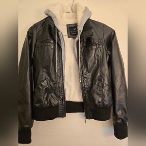Full Tilt Black Faux Leather Jacket with Gray Hoodie X Large